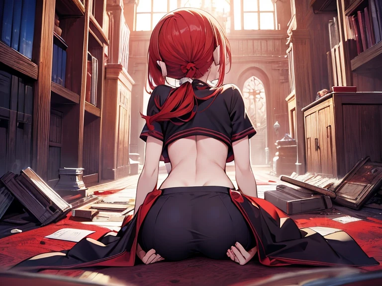masterpiece, highest quality, Short girl, Red hair, Twin tails,witch, on stomach, crawling,all fours ,arching their back,,back focus, from behind