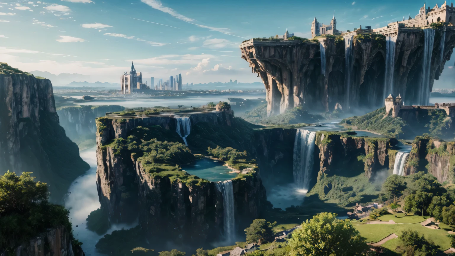 Huge castles and skyscrapers floating in the air Cyberpunk fantasy world Top quality ultra high definition utopia 8K Giant waterfalls nature