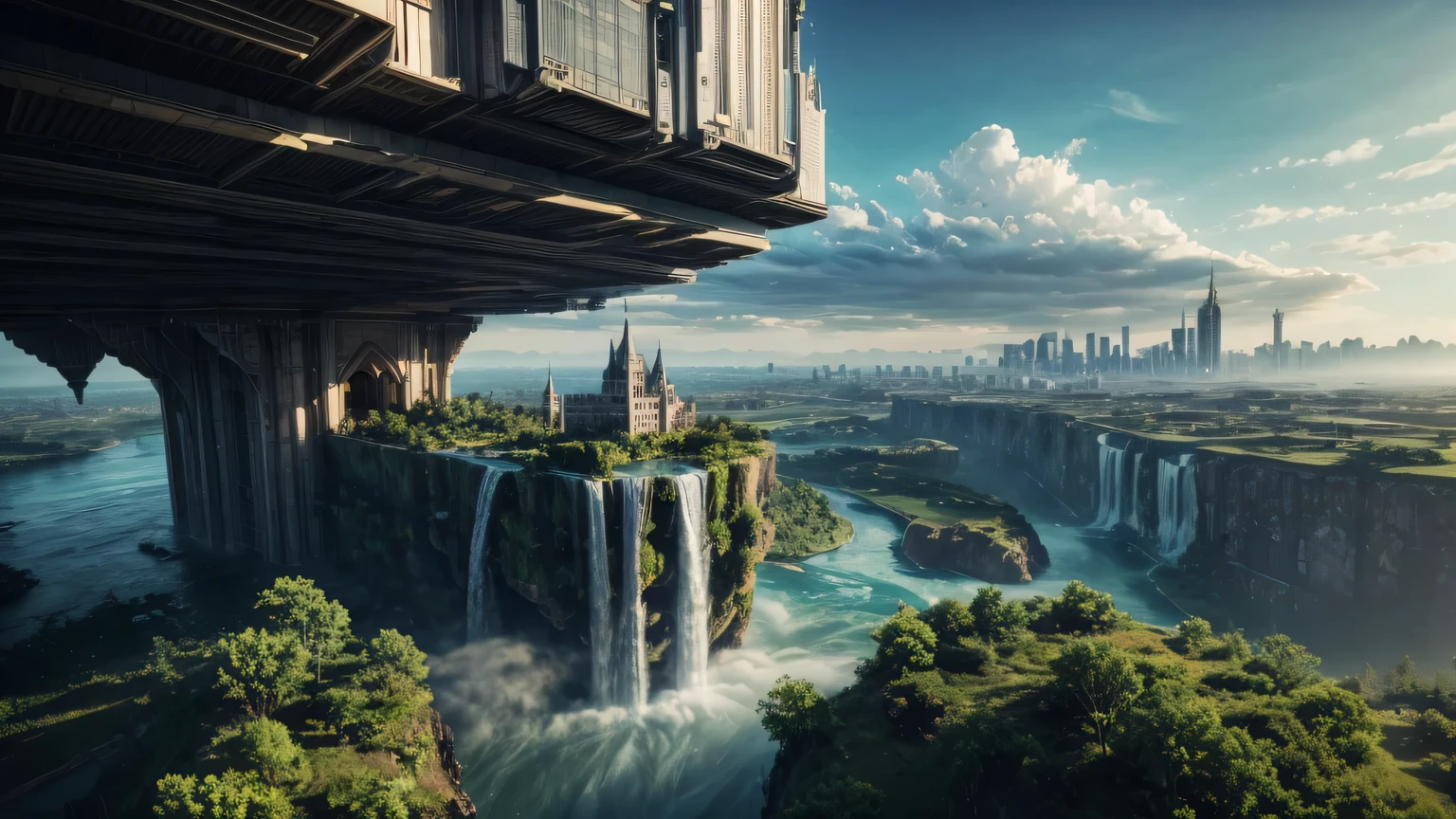 Huge castles and skyscrapers floating in the air Cyberpunk fantasy world Top quality ultra high definition utopia 8K Giant waterfalls nature