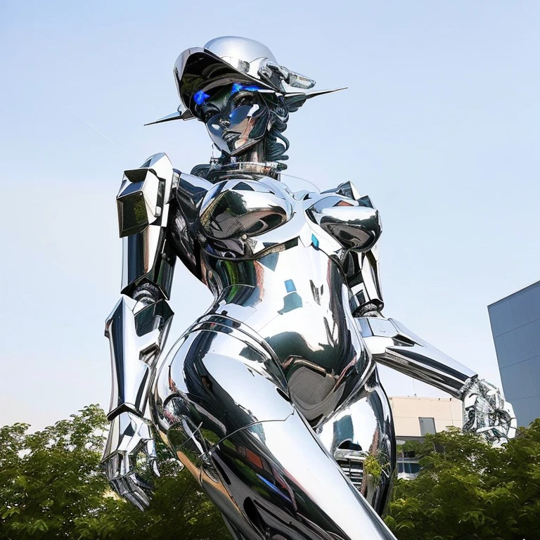 there is a large silver statue of a woman with a hat, Hajime Sorayama projetou garota, Metal sculpture, cyberpunk statue, estilo hajime sorayama, estilo de hajime sorayama, chrome robot, female robot, Sorayama, domineering robot, mulher humanoide, enorme homem cromado, Metal sculpture, Statue of the perfect woman