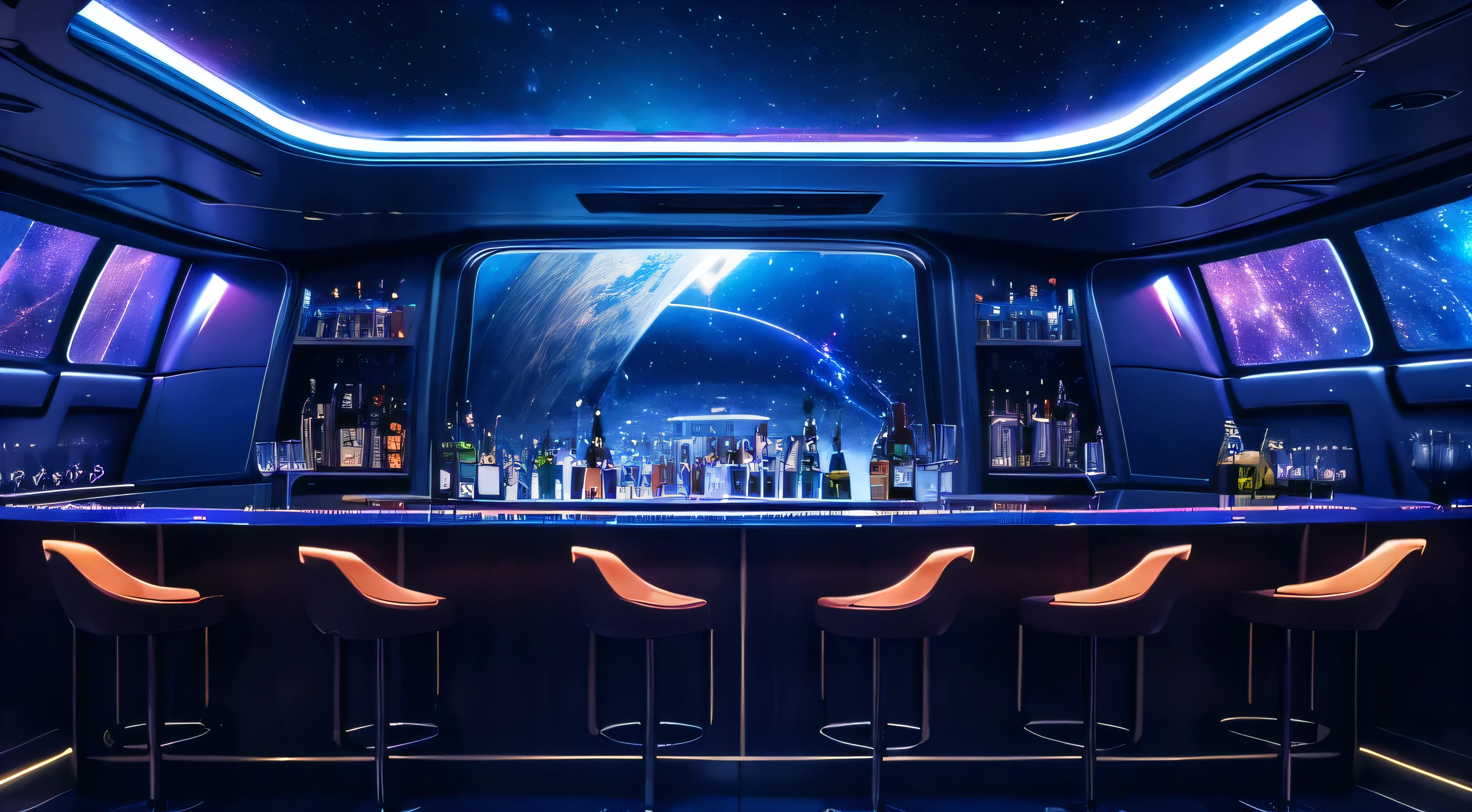 A bar counter inside a spaceship, surrounded by large windows where you can see the universe, decorated with lights, very beautiful, photo, details, real, realistic, 8k