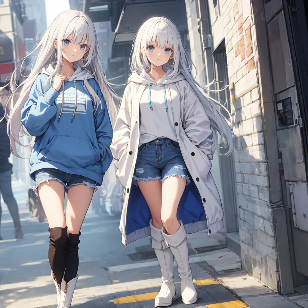 Milky white hair with blue inner color、A large light blue hoodie、Above-the-knee jeans、White below-the-knee shearling boots