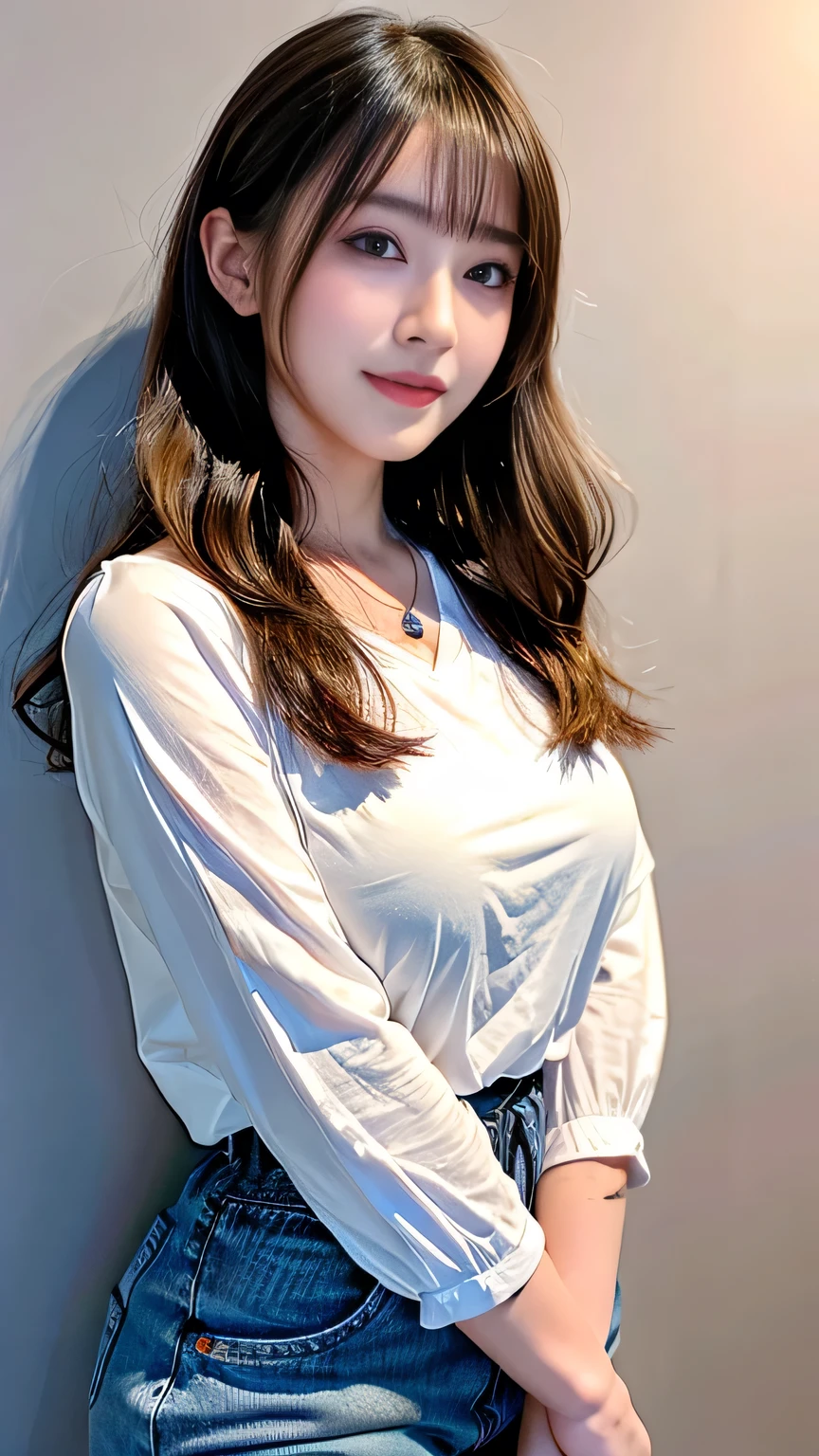A photograph of a beautiful ((17 years)) American woman, award-winning photo, best quality, portrait by Annie Leibovitz, Canon 5D Mark II, film, professional photography, (rich colors: 1.1), hyper realistic, realistic texture, (natural lighting: 1.1), (Canon EF 85mm f/1.4L IS USM), ripped jeans shorts, cropped printed flowery, full body, standing, face lightly made up, extra long hair,  long hair, brown hair mixed with blonde, slightly wavy hair, very light and bright blue eyes, rounded eyes, western woman, thick lips, very tanned skin, shy, beautiful smile, long eyelashes, extremely detailed eyes and face, thin nose, realistic pupils, thick legs, thin waist, light freckles on the face, star earrings, hair parted sideways, arched eyebrow,  Black mascara on the eyes,bracelet with star pendant, cord with star pendant (Increase the mood of the body line:1.1), (increase the quality of cinematic lighting: 0.9), (Increase the beauty of the skin texture:1.1), smooth white background wall