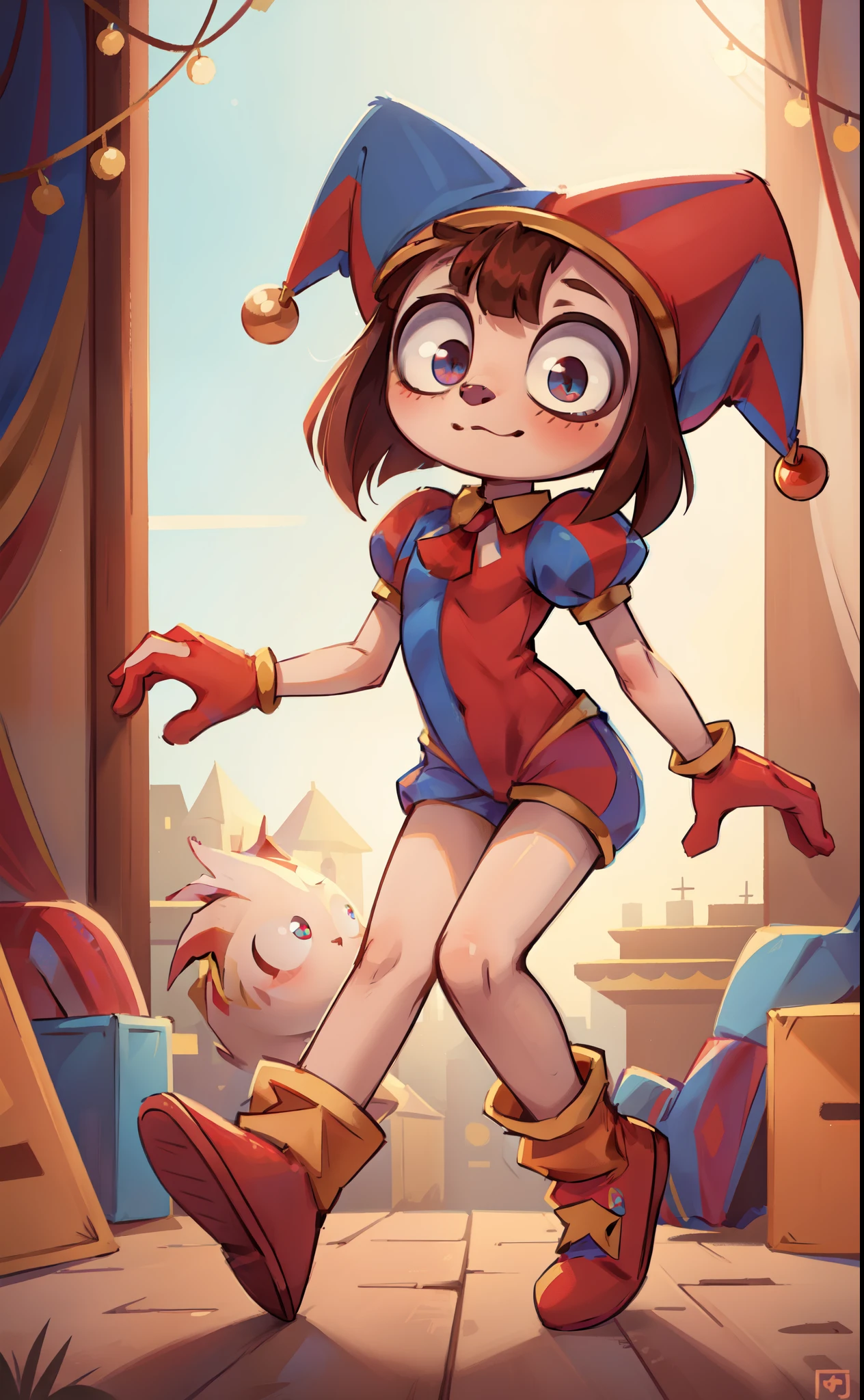 Furry girl, young, cat, pink cheeks, brown hair, short rect hair, rect bangs, white body fur, detailed body fur, detailed body, detailed face, detailed eyes, skinny, high quality, masterpiece, glistering body, shiny body, ((jester cap, gloves, puffy short sleeves, red eyes and blue eyes, striped, red shoes)), black eye shadows, :3, full body, skinny, circus,