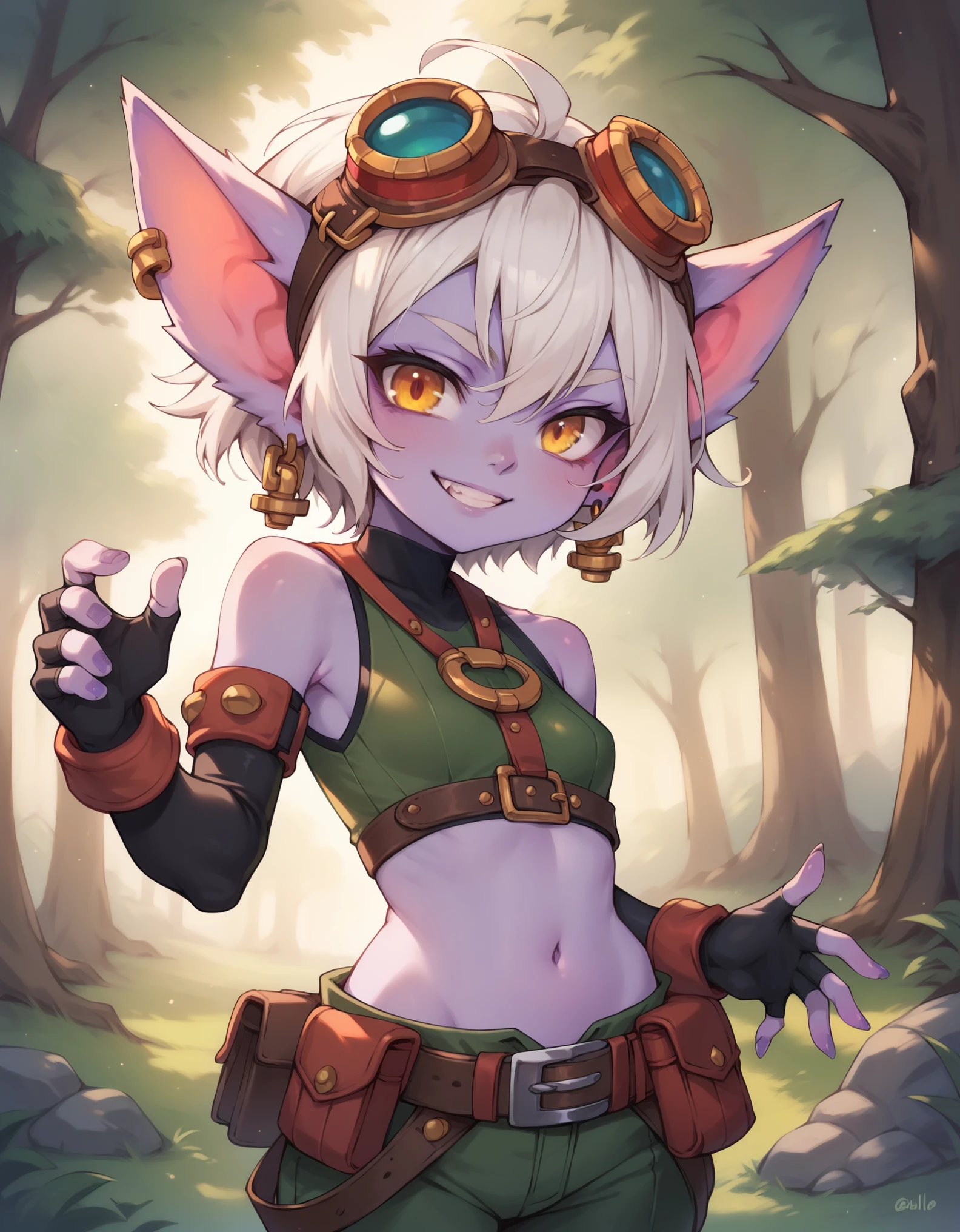 score_9, score_8_up, score_7_up, score_6_up, TristanaLoLXL, yordle, yellow eyes, pointy ears, white hair, short hair, googles on head, purple skin, colored skin. small breasts, jewelry, earrings, crop top, navel, arm sleeves, gloves, fingerless gloves, elbow gloves, green pants, belt, grenade belt, standing, looking at viewer, seductive smile, forest, tree