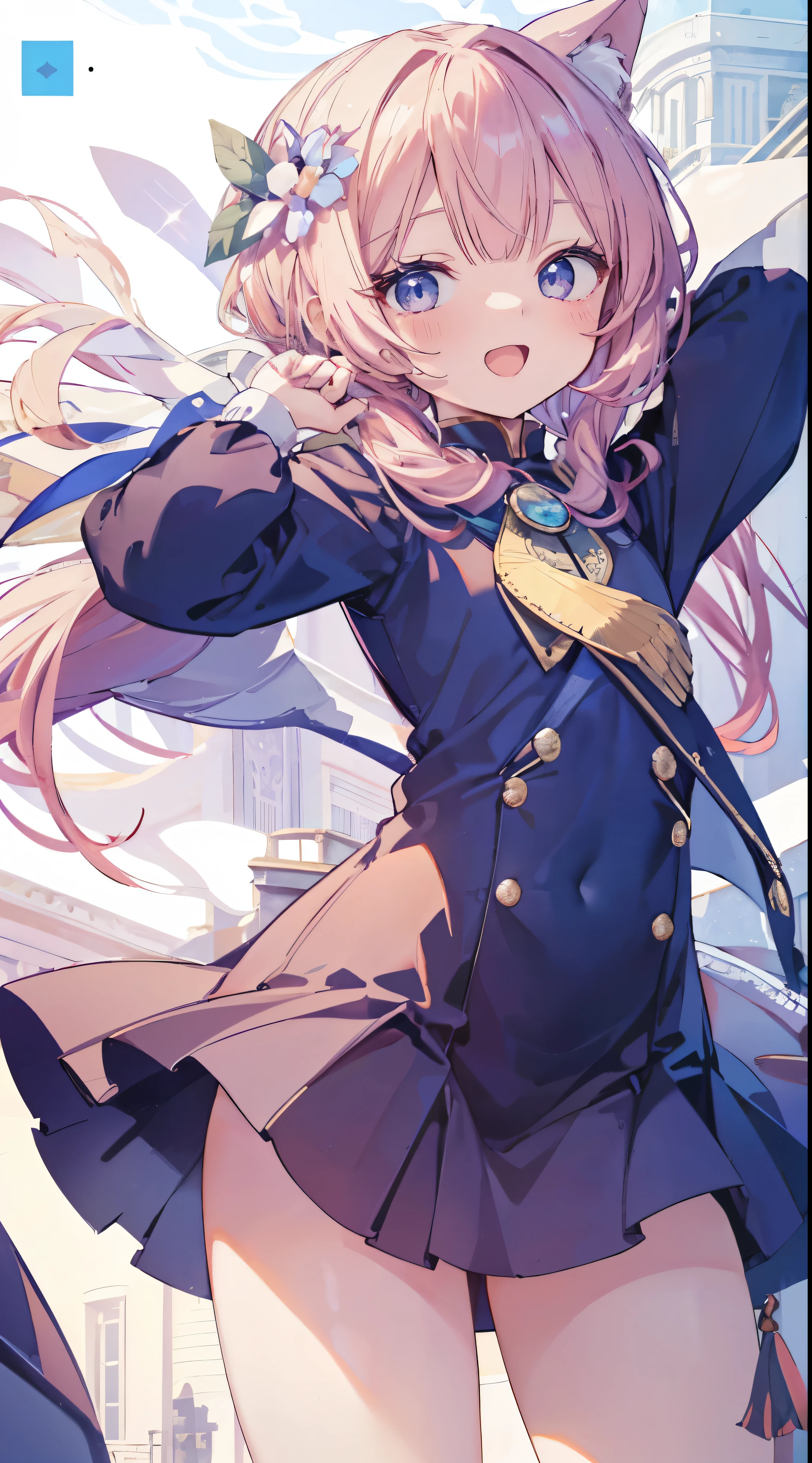 Masterpiece、Highest quality、highest quality、((((Petite))))、(Open Mouth Smile)、Shiny hair quality、Small face、Dynamic pose、Super detailed, beautiful, wide eyes、Ultra-detailed, clear and beautiful faces、(cute illustration:1.2), High-resolution, ultra-detailed, best quality, embarrassed、Thighs