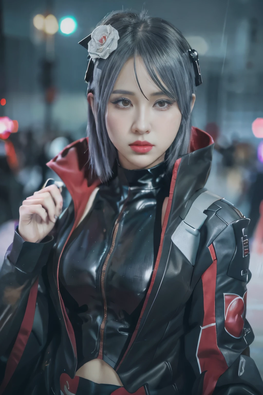 Top quality, 8k, 32k, Masterpiece, close up of a woman in black and red clothes, future anime girl, inspired by Li Shida, cyberpunk anime girl woman, cyberpunk anime girl, female anime character, anime style character, modern cyberpunk anime, cyberpunk anime art, action anime girl woman, detailed anime character art, epic anime style, realistic anime art style, female anime heroine portrait, professional makeup, very big breasted woman, (seductive pose), Sexy, beautiful white face shining, beautiful face, pink cheeks, beautiful lips, porcelain skin, detail intricate, super detailed, super high, highest detailed, high detailed, delicate, incredible detailed, fine detailed, cinematic lighting, top quality, masterpiece, smooth and beautiful, CG , unity, 8k wallpaper, Stunning, fine detail, unity CG wallpaper 8k ultra detailed, large file size, ultra detailed, high resolution, incredible detail, stunning detail, depth of field, oil painting effect in Rembrandt art style, concept portrait art in Stanley Artgerm Lau style, WLOP, trending on Artstation, epic, trend in society, detailed digital painting, very high quality model.