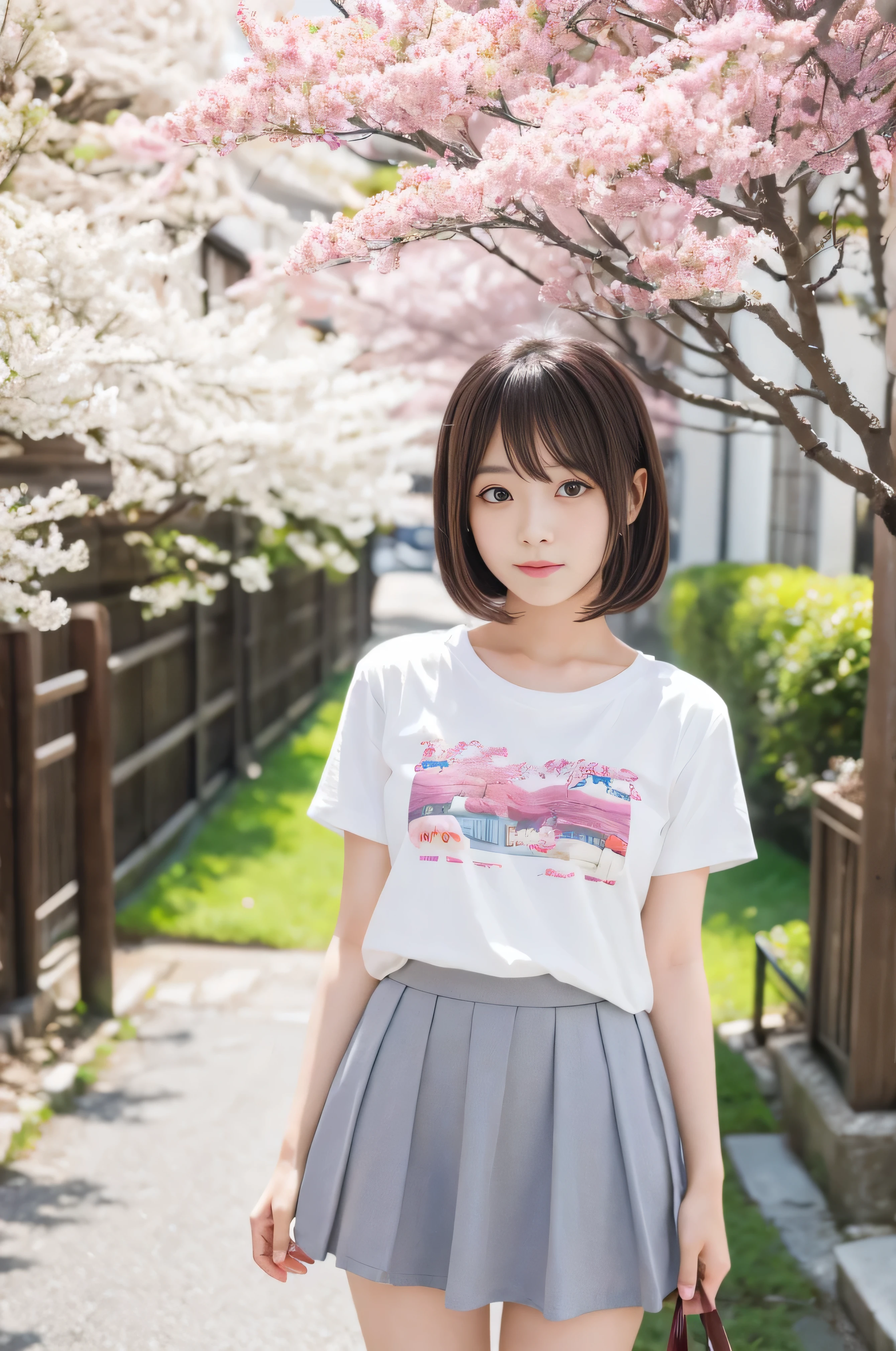 8k,masterpiece,Japanese,20 year old girl,from the front,Innocent face,calm eyes,Childish,T-Shirts,Short sleeve,Short skirt,semi-long,noon,bright,Cherry tree
