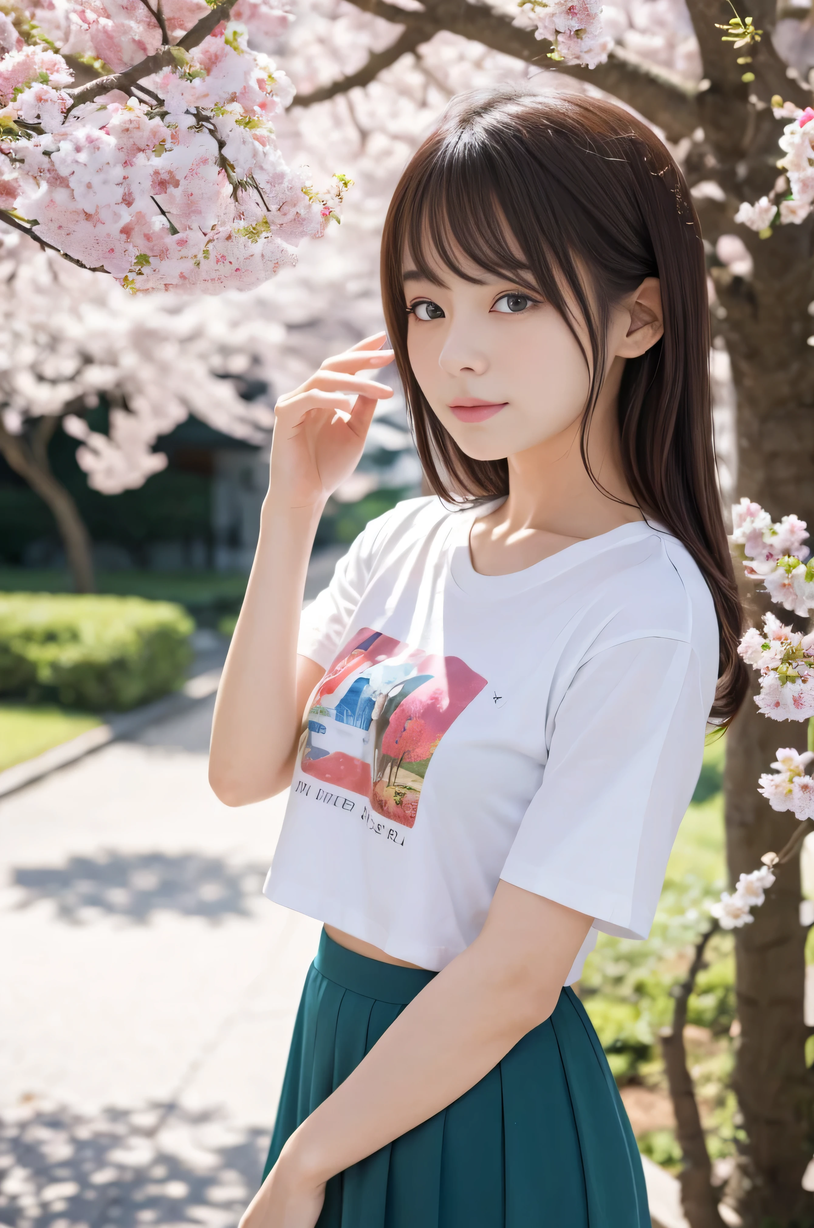 8k,masterpiece,Japanese,20 year old girl,from the front,Innocent face,calm eyes,Childish,T-Shirts,Short sleeve,Short skirt,semi-long,noon,bright,Cherry tree