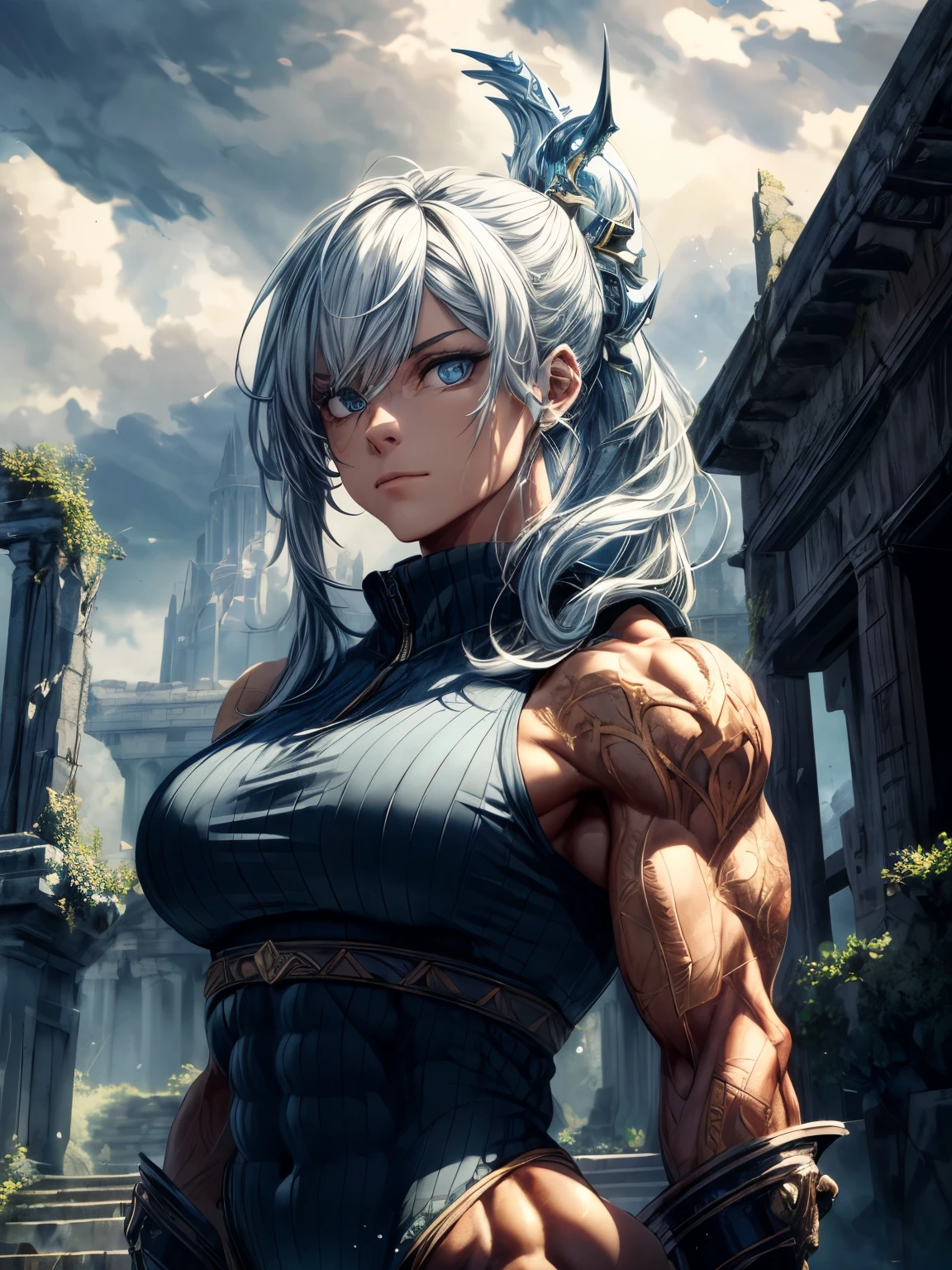 (best lighting) , (super-complex details) , 4K unified, (super-detailed CG: 1.2) , (8K: 1.2),(original), (masterpiece) , (best quality),(Masterpiece:1.4),Anime-ish high quality,(masterpiece),masterpiece, best quality, absurdres,((Masterpeace, 4k, 8k, highres)),(masterpiece), (best quality), (ultra-detailed), (an extremely delicate and beautiful), ((cowboy shot)), 1 woman,
, ((body builder:1.5)),temple background,(beautiful bace),(girl),(female),(((upper body:1))),from front,swordship girl,beautiful detailed eyes,beautiful detailed lips,extremely detailed eyes and face,longeyelashes,shiny armor,flowing hair,mystical glowing sword,castle in the background,majestic clouds,heroic pose,sharp focus,vivid colors,dynamic lighting,concept art style,contrasting dark and light,ethereal atmosphere,historical setting,ancient ruins,dramatic sky.