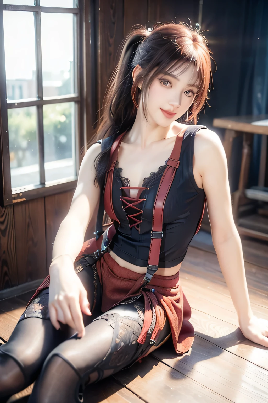 An innocent 20-year-old girl, (Lace-Up red Suspender Tights:1.5), (high heels), (Dramatic Pose),smile, (High Ponytail),natural Park、RAW Photos, (8k, highest quality, masterpiece:1.2), (Intricate details:1.4)、(Photorealistic:1.4), Octane Rendering, Complex 3D rendering with ultra-detail, Studio Soft Light, Rim Light, Vivid details, Super Detail, Realistic skin texture, Detailed aspect, Beautiful details in the eyes, Highly detailed CG Unity 16k wallpaper, compensate, (Detailed Background:1.2), Glowing Skin, whole body, ((thin legs)), small waist, Cleavage, (looking at viewer:1.2)