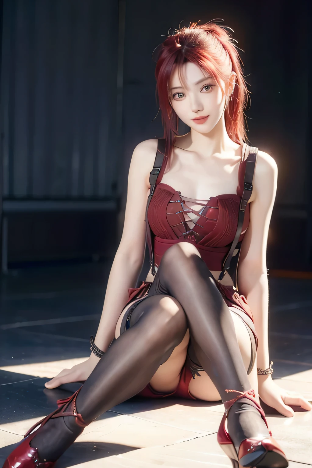 An innocent 20-year-old girl, (Lace-Up red Suspender Tights:1.5), (high heels), (Dramatic Pose),smile, (High Ponytail),natural Park、RAW Photos, (8k, highest quality, masterpiece:1.2), (Intricate details:1.4)、(Photorealistic:1.4), Octane Rendering, Complex 3D rendering with ultra-detail, Studio Soft Light, Rim Light, Vivid details, Super Detail, Realistic skin texture, Detailed aspect, Beautiful details in the eyes, Highly detailed CG Unity 16k wallpaper, compensate, (Detailed Background:1.2), Glowing Skin, whole body, ((thin legs)), small waist, Cleavage, (looking at viewer:1.2)