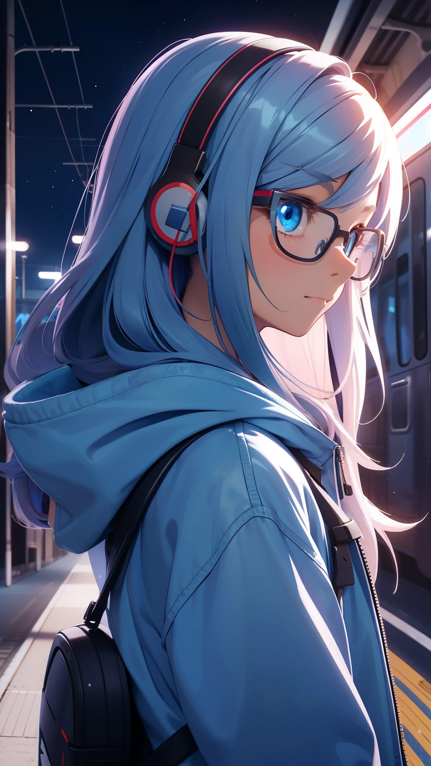 A girl, sky hair, long hair, feminime, soft smile, sky blue hoodie jacket, glowing blue eyes, train background, wearing headphone, side view, glasses,