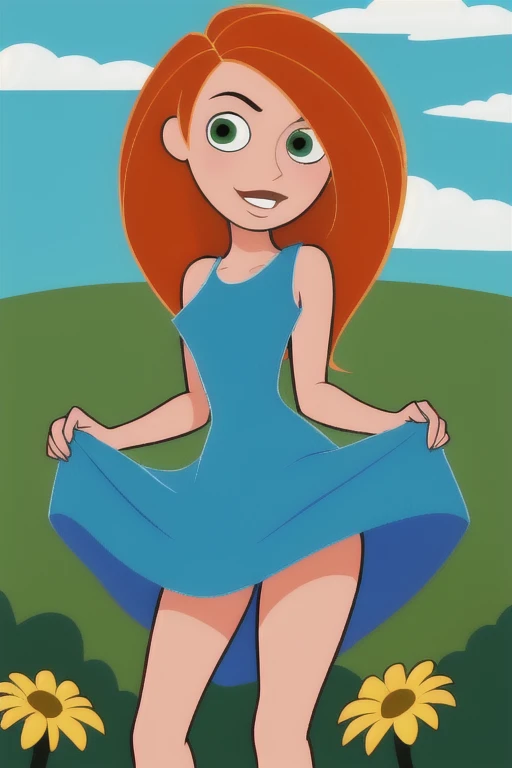 (masterpiece, best quality:1.3), 1girl, looking at viewer, kimberly ann possible, parted lips, upper body, standing, collarbone, bare shoulders, blush, colored skin, orange hair, long hair, absurdly long hair, green eyes, medium breasts, (skindentation:1.2), blue sequin dress, loose clothes, sleeveless, blue sky, clouds, garden, landscape, smile, Under view, upskirt, panties, dress lift