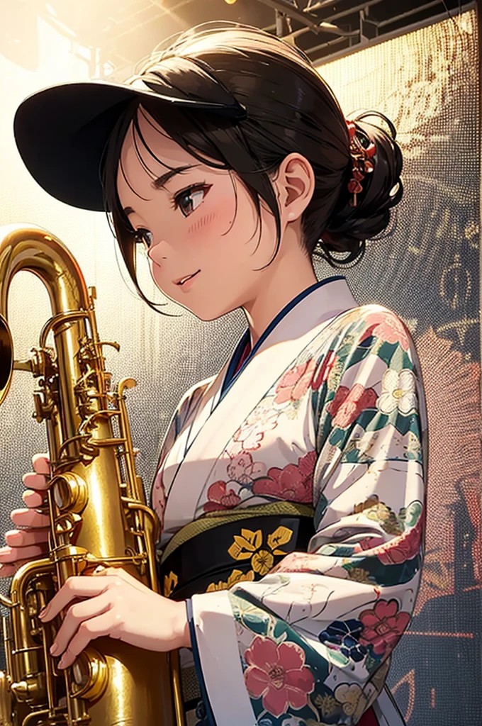 (masterpiece, best quality:1.1), popart style,flat color, ,1girl saxophonist on stage,tween girl,wear kimono,scattering sweat,enjoy playing,japanese steam-punk,taisho era,dynamic angle,very happy,beautiful lighting, photographic portrait, sharp,Illustration by okama,
