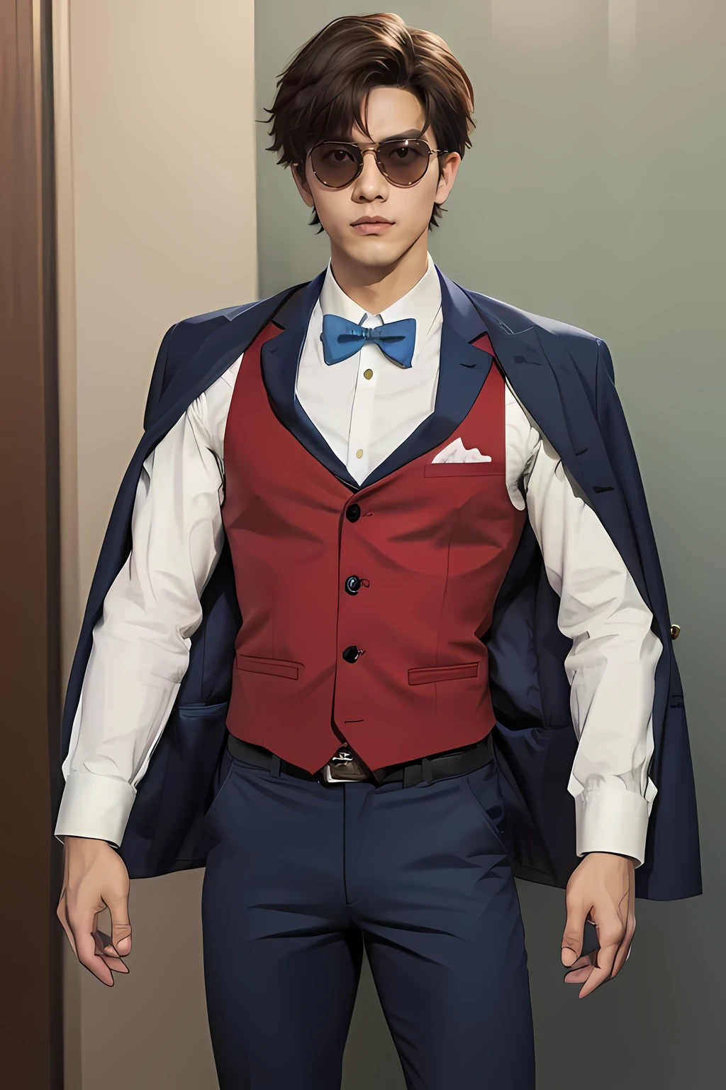 koutarou tatsumi, short hair, brown hair, male focus, sunglasses, blue blazer, blue jacket, blazer on shoulders, collared shirt, white shirt, long sleeves, belt, blue pants, blue bowtie, red vest, sleeveless, solo, male focus, realistic, real life,