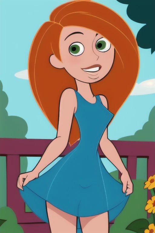 (masterpiece, best quality:1.3), 1girl, looking at viewer, kimberly ann possible, parted lips, upper body, standing, collarbone, bare shoulders, blush, colored skin, orange hair, long hair, absurdly long hair, green eyes, medium breasts, (skindentation:1.2), blue sequin dress, loose clothes, sleeveless, blue sky, clouds, garden, landscape, smile, Under view, upskirt, panties, dress lift, over low view, cameltoe
