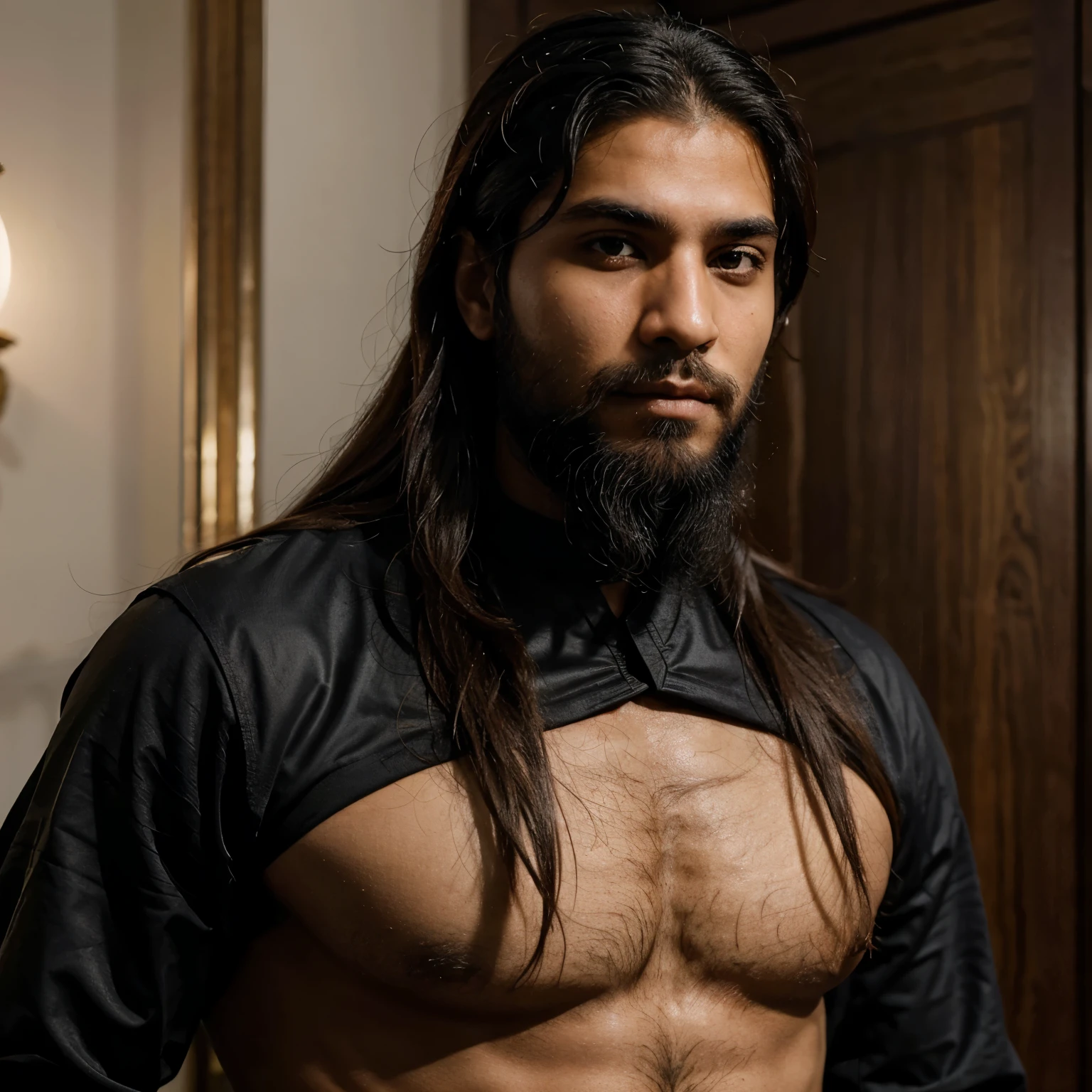 A Muslim Fighter Fully Disciplined Living In The Muslim Empire , Make Him Masculine And Desired He Is Very Attractive With Long Hair And A Beard