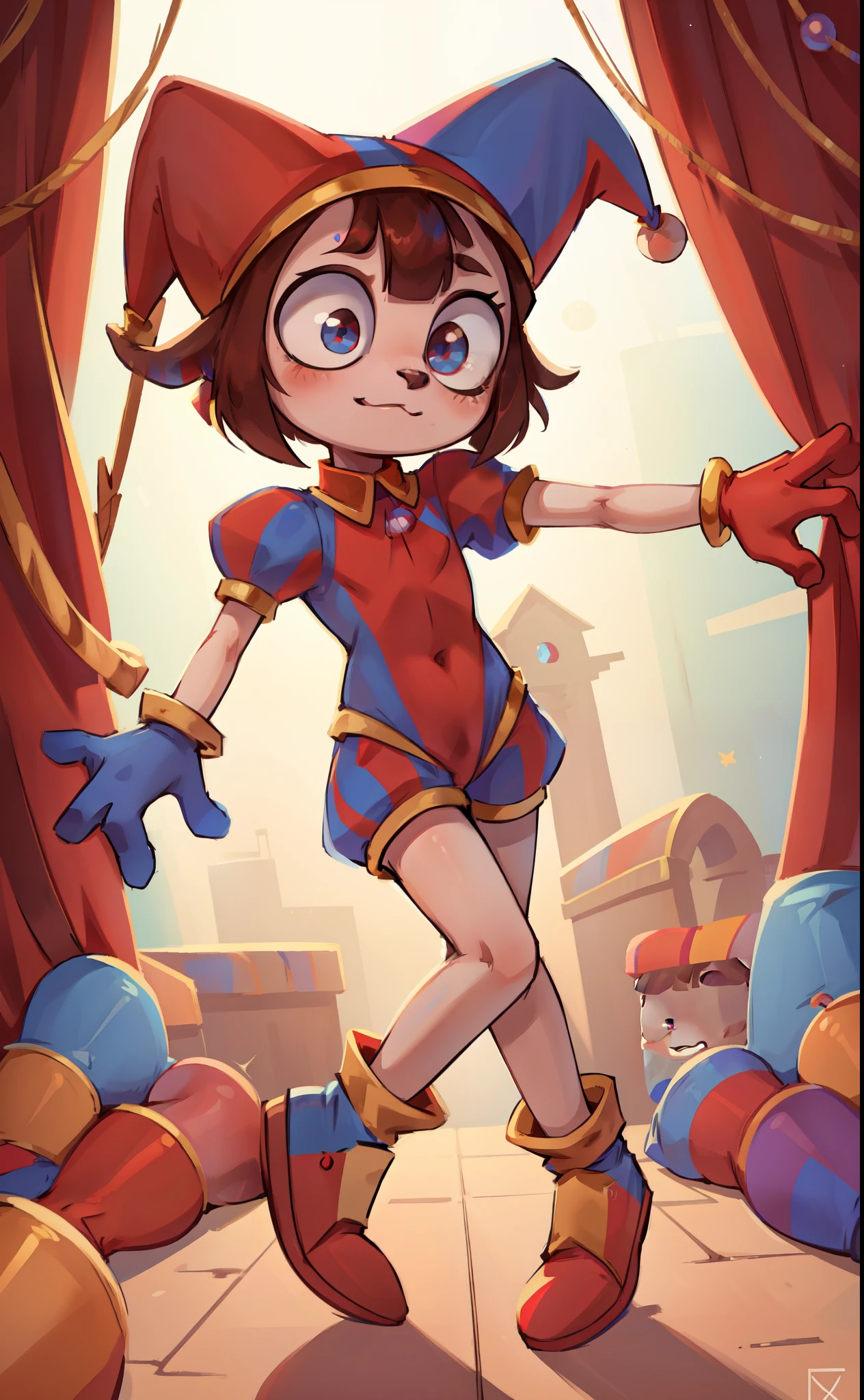 Furry girl, young, cat, pink cheeks, brown hair, short rect hair, rect bangs, white body fur, detailed body fur, detailed body, detailed face, detailed eyes, skinny, high quality, masterpiece, glistering body, shiny body, ((jester cap, gloves, puffy short sleeves, red eyes and blue eyes, striped, red shoes)), black eye shadows, :3, full body, skinny, in circus,