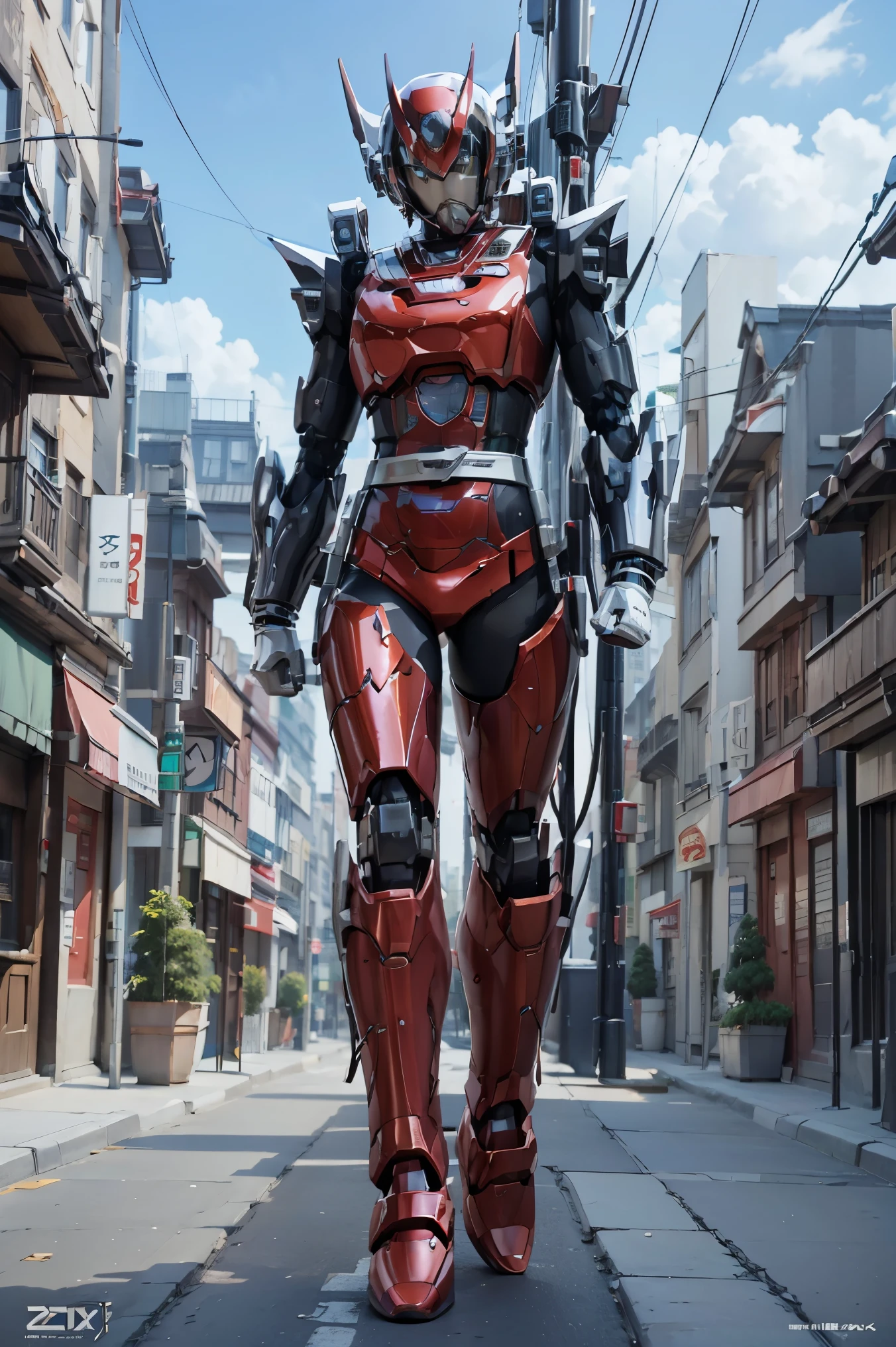 (Demon God Mecha, 3D rendering), background city street center, clear HD, 8K resolution, very detailed, digital painting, concept art, Shinkai Makoto style, pop popularization trend, pop, pop trend on pixiv.