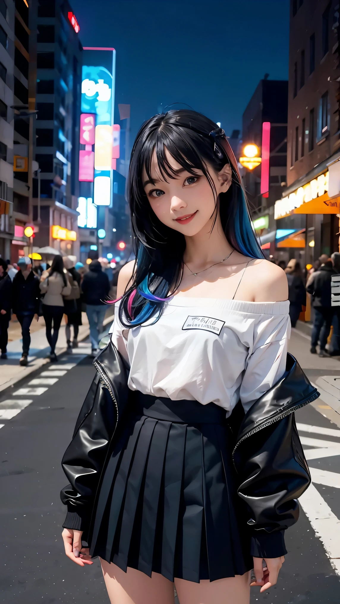 1girl, black_skirt, blue_hair, building, city, cityscape, hair_between_eyes, jacket, looking_at_viewer, medium_hair, multicolored_hair, multiple_boys, night, off_shoulder, outdoors, pleated_skirt, road, shirt, skirt, skyscraper, smile, solo_focus, street, white_shirt