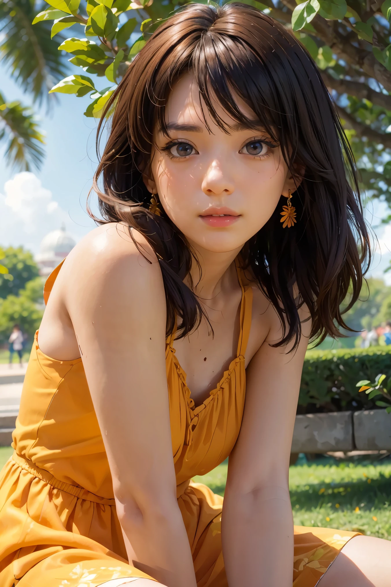 a woman, at the park, sunny day, orange sundress, RAW, UHD, 8K, (closeup:1.1), head, highly detailed face, stunning eyes