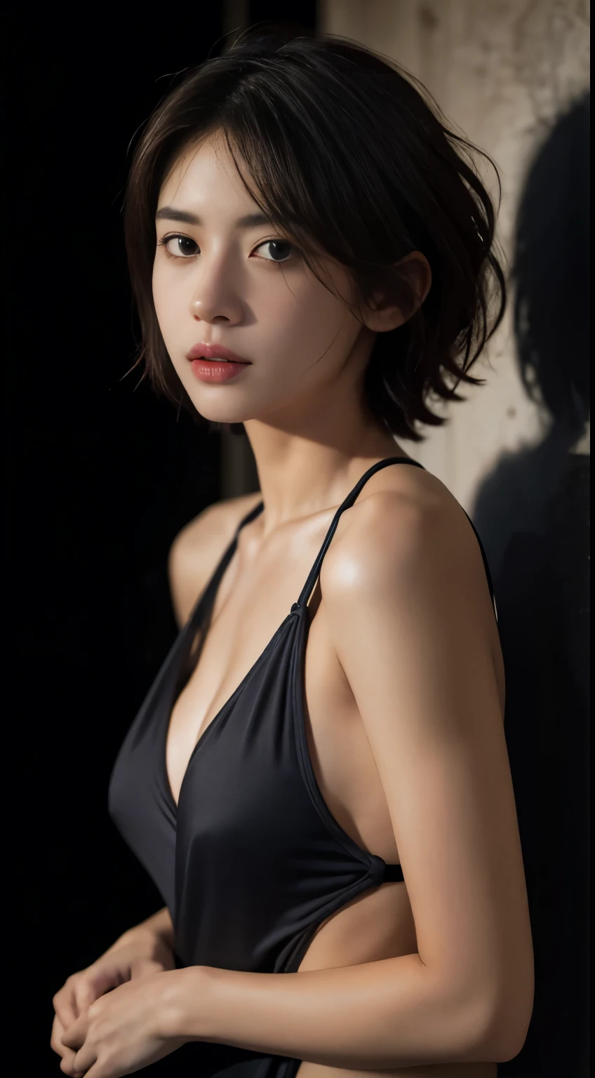 Best quality, masterpiece, ultra high res, (photorealistic:1.5), raw photo, 1girl, in the dark, deep shadow, low key, cold light, sexy look, short hair, swimsuit