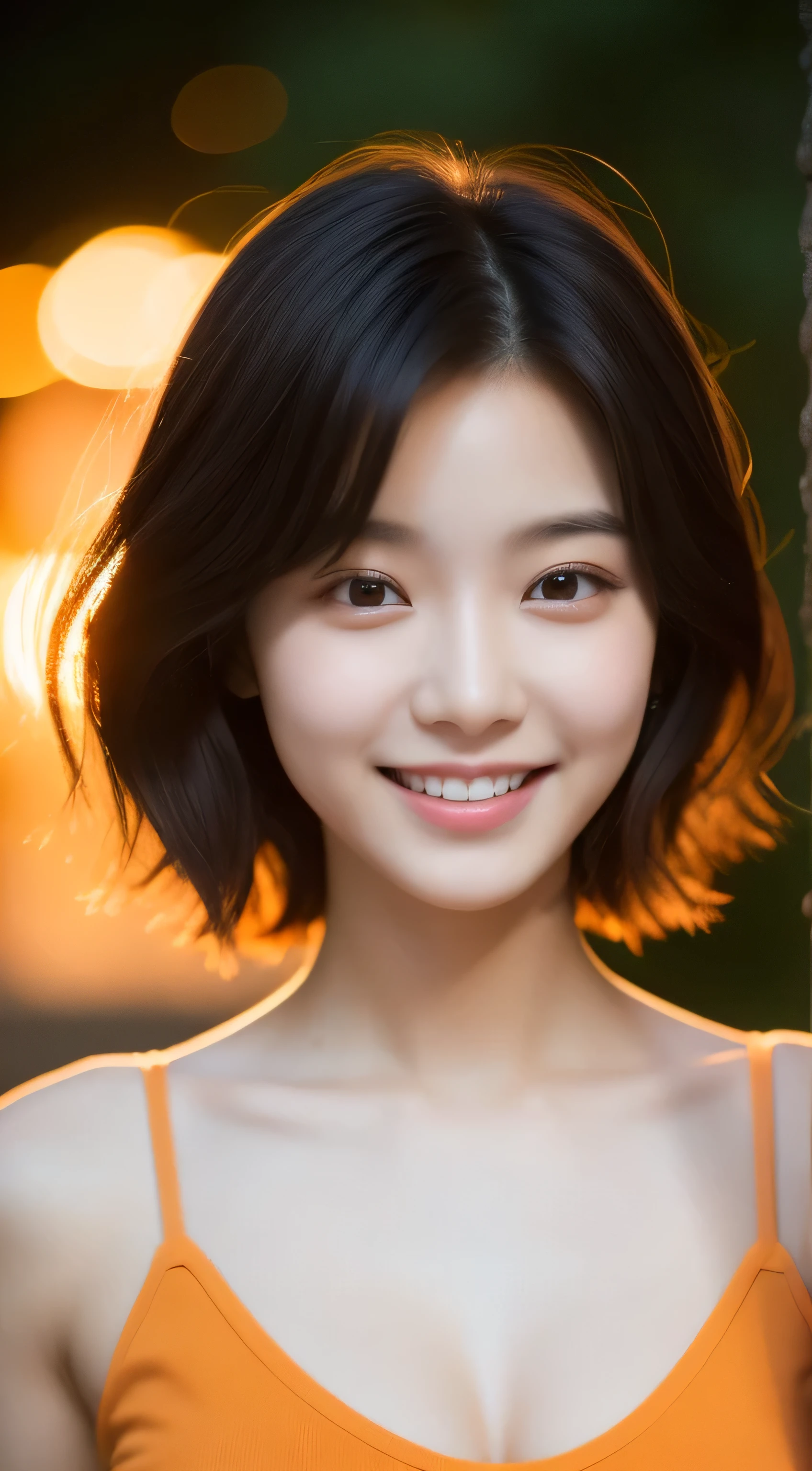 1 Girl, Korean celebrity, 18 years old, (Bust 32 inches:1.2), Smile, short hair, messy hair, Wearing an orange camisole, In the Garden, Sunset lights, close up, masterpiece, best quality, highres, 32k uhd