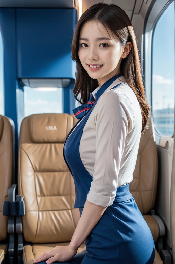 (8K, best quality, masterpiece:1.2), (realistic, photo-realistic:1.37), (high color saturation:1.0), (highly detailed skin), (highest quality:1.0), (ultra high resolution:1.0) ,(realistic:1.0), (Super detailed:1.0), (8K, Raw photo:1.1)、standing random pose, smiling, natural breast, perfect lighting, 3girls, 24years old, (mysterious), clear and detailed, ((ANA_Cabin Crew, blue flight attendant_uniform)), beige pantyhose, (aircraft, aircraft seats), cute face, looking at back viewer, visual panty line,