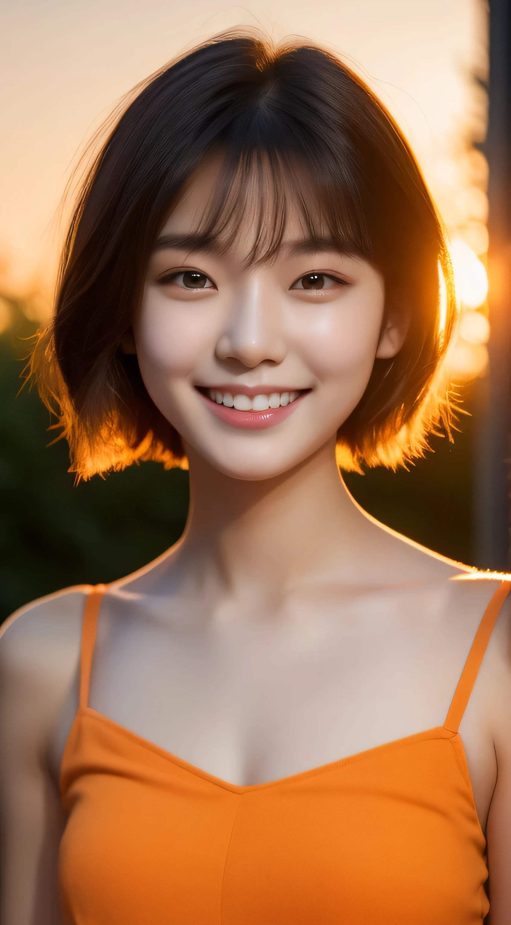 (original photography), (realism), (masterpiece), (top quality), high resolution, 16k resolution, 1 cute real photo of Korean stars,18 years old,(short hair), (messy hair),White skin, Light makeup, (Bust 22 inches), Smile, Wearing an camisole, In the Japanese Garden, Sunset lights, Close-up portrait, Ultra HD