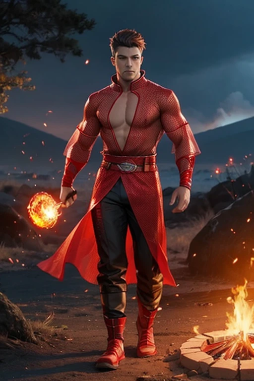 full body photorealistic handsome Hunky fire wizard, wearing red transparent mesh clothing,, blaze and fire circle everywhere. Volcanoes as the background