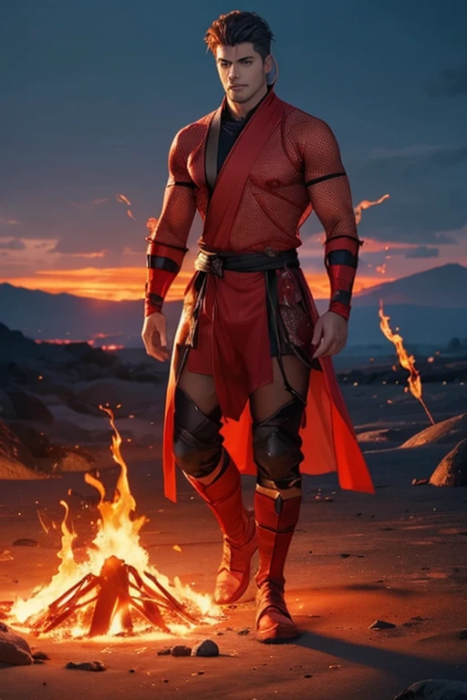 full body photorealistic handsome Hunky fire wizard, wearing red transparent mesh clothing,, blaze and fire circle everywhere. Volcanoes as the background