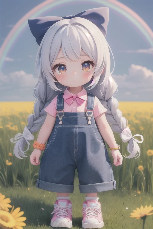 girl,,Height 145cm.,grayish white hair,long hair,braid two sides,blue bow tie,Wear an orange bracelet,Wear a rainbow bracelet,Wear overalls,wearing a pink shirt,white sneakers,white skin,White cheeks,In the meadow.,flower field,hand holding doll's arm,cute,Wear a light pink hat.,Clear picture,