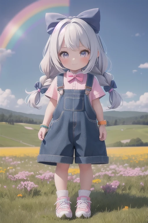 girl,10 years old,Height 145cm.,grayish white hair,long hair,braid two sides,blue bow tie,Wear an orange bracelet,Wear a rainbow bracelet,Wear overalls,wearing a pink shirt,white sneakers,white skin,White cheeks,In the meadow.,flower field,hand holding doll&#39;s arm,cute,Wear a light pink hat.,Clear picture,