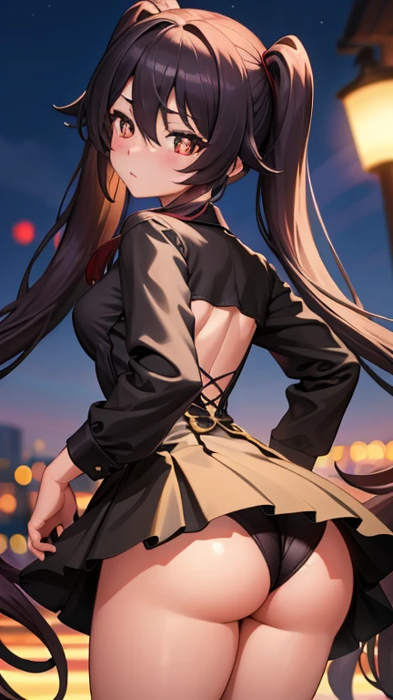 masterpiece, best quality, HuTaoV4, 1girl, solo, blush, twintails, long hair, hair between eyes, wearing shorts showing butts, night, movie poster, extremely detailed 8K, smooth, high resolution, ultra quality, cinematic lighting, ambient occlusion, hd, 2k, 4k, 8k, 16k, extremely detailed anime, detailed faces, perfect composition, wide shot, atmospheric lighting, very sexy, lift skirt, random low back angle, uncensored, nsfw, sin censura