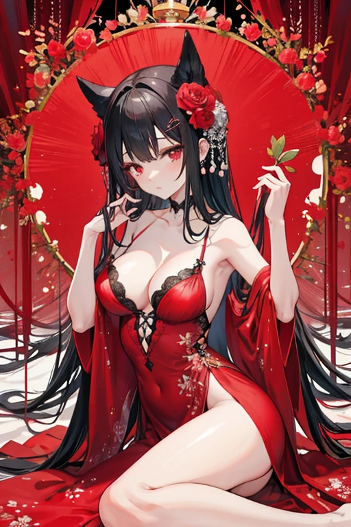 raffed woman in lingerie posing on a bed with a red rose, lingerie, very sexy devil outfit, Red and Black costume!!!, wearing sexy lingerie, laced lingerie, Black and Red, attractive, Fantasy Costume, Black and Red silk clothing, Black and Red only, lingerie!!, silk, Teasing, Red and Black, sexy, sexy :8, tumbler、Surreal Waigi Flowers, Soft Light Misty, Magic Flower, A flower with very long petals, Glowing Flower, Alien Flower, Beautiful images, Shiny delicate flowers, Stunningly beautiful,Higanbana、Amaryllis、a close up of a field of Red flower in a forest, Red flowerが咲く, Light but dark red, A glimpse of red, Red flower, Very red color, Red Forest, bright red, bright red colors, Red flower of different types, bright red and green colours, In the world of red dreams, Red magic surrounds her, Red Iris、 Japanese House, Amazing light reflection, Traditional Japanese colors, Gorgeous composition, Magical colors and atmosphere, Black Hairの、Black Hair、Black Hairの姫カット、Black Hairのロング、hair ornaments、hairpin、Decorate your hair with flowers、Decorate your hair with flowersびら、The most beautiful woman、wonderful、Stylish、Exquisite style、dual、Iris、Seductive eyes、Strand、Strand間