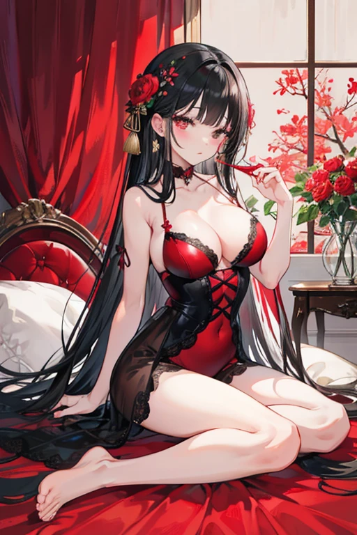 raffed woman in lingerie posing on a bed with a red rose, lingerie, very sexy devil outfit, Red and Black costume!!!, wearing sexy lingerie, laced lingerie, Black and Red, attractive, Fantasy Costume, Black and Red silk clothing, Black and Red only, lingerie!!, silk, Teasing, Red and Black, sexy, sexy :8, tumbler、Surreal Waigi Flowers, Soft Light Misty, Magic Flower, A flower with very long petals, Glowing Flower, Alien Flower, Beautiful images, Shiny delicate flowers, Stunningly beautiful,Higanbana、Amaryllis、a close up of a field of Red flower in a forest, Red flowerが咲く, Light but dark red, A glimpse of red, Red flower, Very red color, Red Forest, bright red, bright red colors, Red flower of different types, bright red and green colours, In the world of red dreams, Red magic surrounds her, Red Iris、 Japanese House, Amazing light reflection, Traditional Japanese colors, Gorgeous composition, Magical colors and atmosphere, Black Hairの、Black Hair、Black Hairの姫カット、Black Hairのロング、hair ornaments、hairpin、Decorate your hair with flowers、Decorate your hair with flowersびら、The most beautiful woman、wonderful、Stylish、Exquisite style、dual、Iris、Seductive eyes、Strand、Strand間