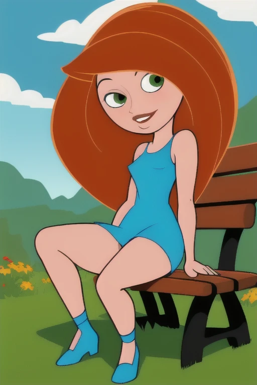 (masterpiece, best quality:1.3), 1girl, looking at viewer, kimberly ann possible, parted lips, full body, standing, collarbone, bare shoulders, blush, colored skin, orange hair, long hair, absurdly long hair, green eyes, medium breasts, (skindentation:1.2),  blue sky, clouds, garden, landscape, smile, nude body, Under view, upskirt, pussy, small breasts, cameltoe, sitting on a bench, spread legs, wet legs 