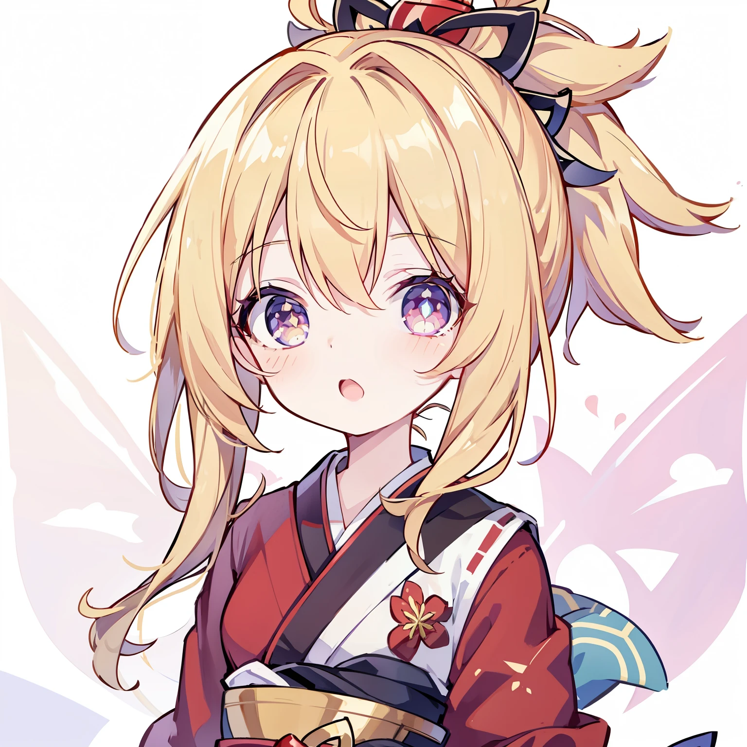 Very beautiful and Shining Eyes、Shining Eyes、((1 girl))、Small breasts、Big Mouth、Childish clothes、7--old l,highest quality, masterpiece, High resolution, alone, {yoimiya_Genshin Impact:1.15},you, blonde_hair, 前hair, hair_ornament, ponytail, 1 female,Red kimono