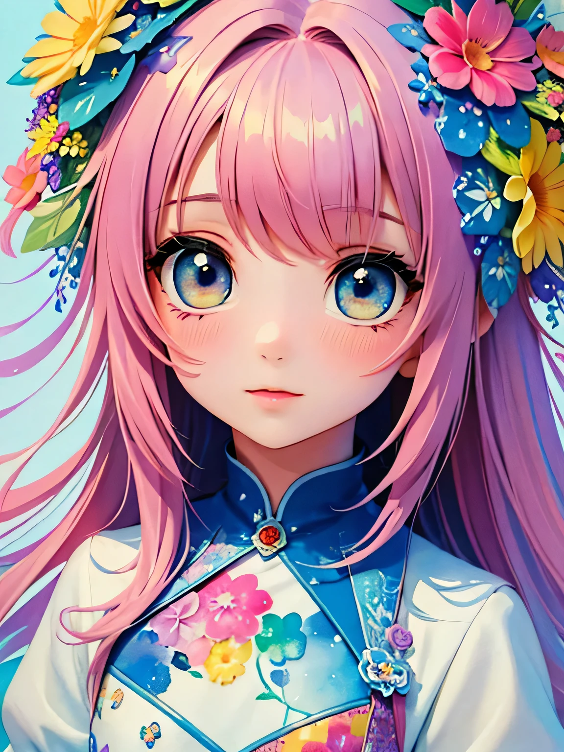 Momoko Sakura style、8K Quality、Intense watercolor, Detailed watercolor art, Watercolor splash, Surreal, avant-garde pop art, Beautiful and expressive paintings, Beautiful artwork illustration, Very colorful tones, wonderful, Cool beauty, highest quality、Official Art, Vector art, Stylish design, ((The most beautiful girl of all time)), (((highest quality))), HDR, ((detailed)), (((Doodle Art)), ((masterpiece)), ((Super detailed)), (((Colorful flowers))), Midsummer Beach,