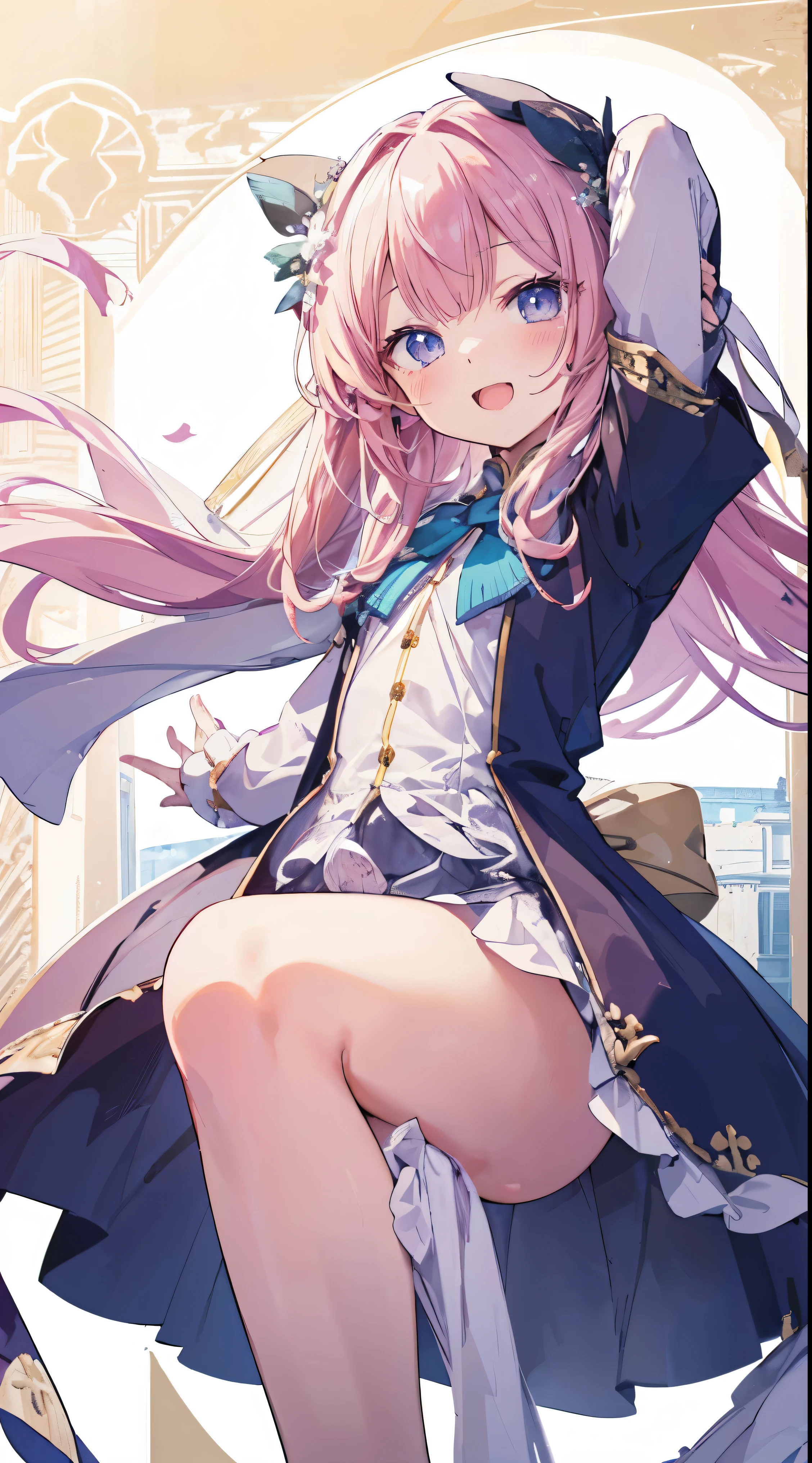 Masterpiece、Highest quality、highest quality、((((Petite))))、(Open Mouth Smile)、Shiny hair quality、Small face、Dynamic pose、Super detailed, beautiful, wide eyes、Ultra-detailed, clear and beautiful faces、(cute illustration:1.2), High-resolution, ultra-detailed, best quality, embarrassed、Thighs、cute
