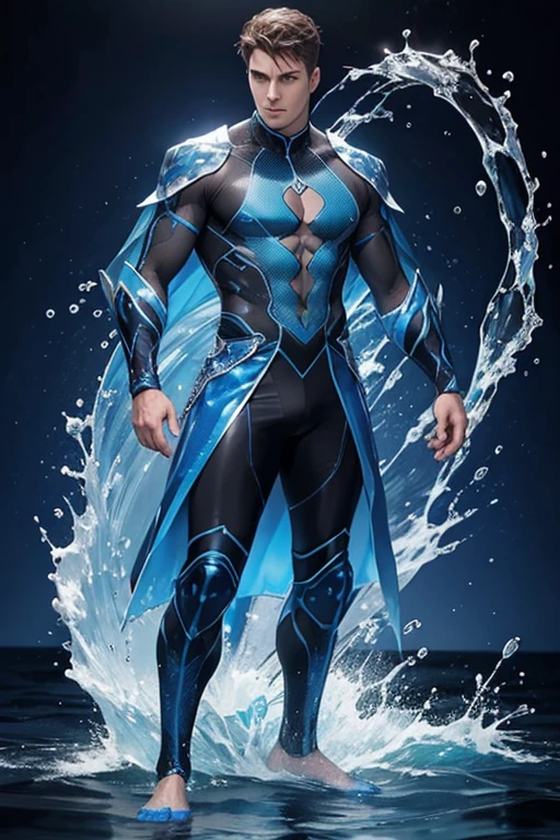 full body photorealistic handsome Hunky water wizard, wearing blue transparent mesh clothing,, splash and water circle everywhere. Waves as the background
