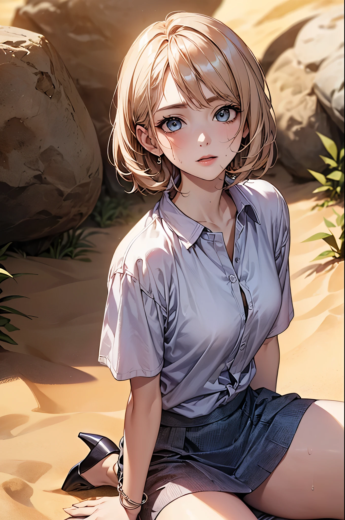 ((Biologically correct limb count))、(( whole body including face))、4K、Masterpiece、((Focus on the face))、((Symmetrical, well-proportioned facial features))、Eyes with delicate depictions、(((1 person)))、Beautiful woman、Outstanding style、Slender Body、(High heels with anklets、Shiny Stockings)、(((shirt、skirt)))、(((White frame photo)))、((Looking up))、Shy、(((Standing in the desert、Sit upright)))、(((Close-up photo of the upper body)))、High angle、Sweating profusely