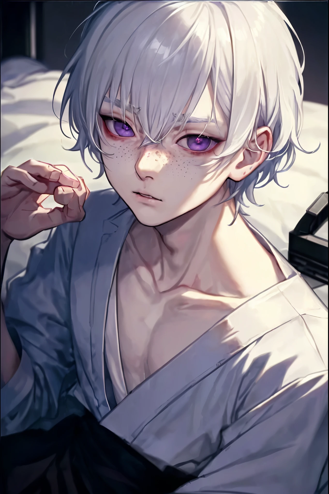 cracks, porcelain, porcelain skin, pale skin, sickly, broken porcelain, sickly boy, boy, boy, male, hospital, bed, hospital bed, fluffy white hair, purple eyes, dull eyes, dull purple, dull purple eyes, bandadges, droopy eyes, front facing, from the waist up, facing the camera, white hair, fluffy white hair, freckles, dull, dark, dark lighting, cinematic lighting, korean boy, asian boy, semi-realism, realistic, detailed, ultra detailed, super detailed, 8k