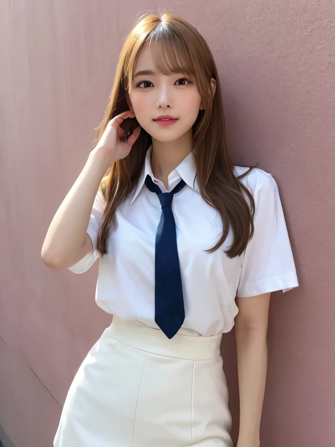 In detail,Full body photo、smile、Blonde Hair、 High resolution, high quality、Perfect dynamic composition, Beautiful fine details, Medium Hair, 、Natural color lip,Kamimei、16-year-old girl、1 person、Clear Skin、Navy blue tie、White shirt、Navy blue mini skirt、Thighs、Shiny Hair、最high quality, figure, Very detailed, In detail, High resolution, 8k、The correct state of the human body、Sculpture model pose,Pink wall