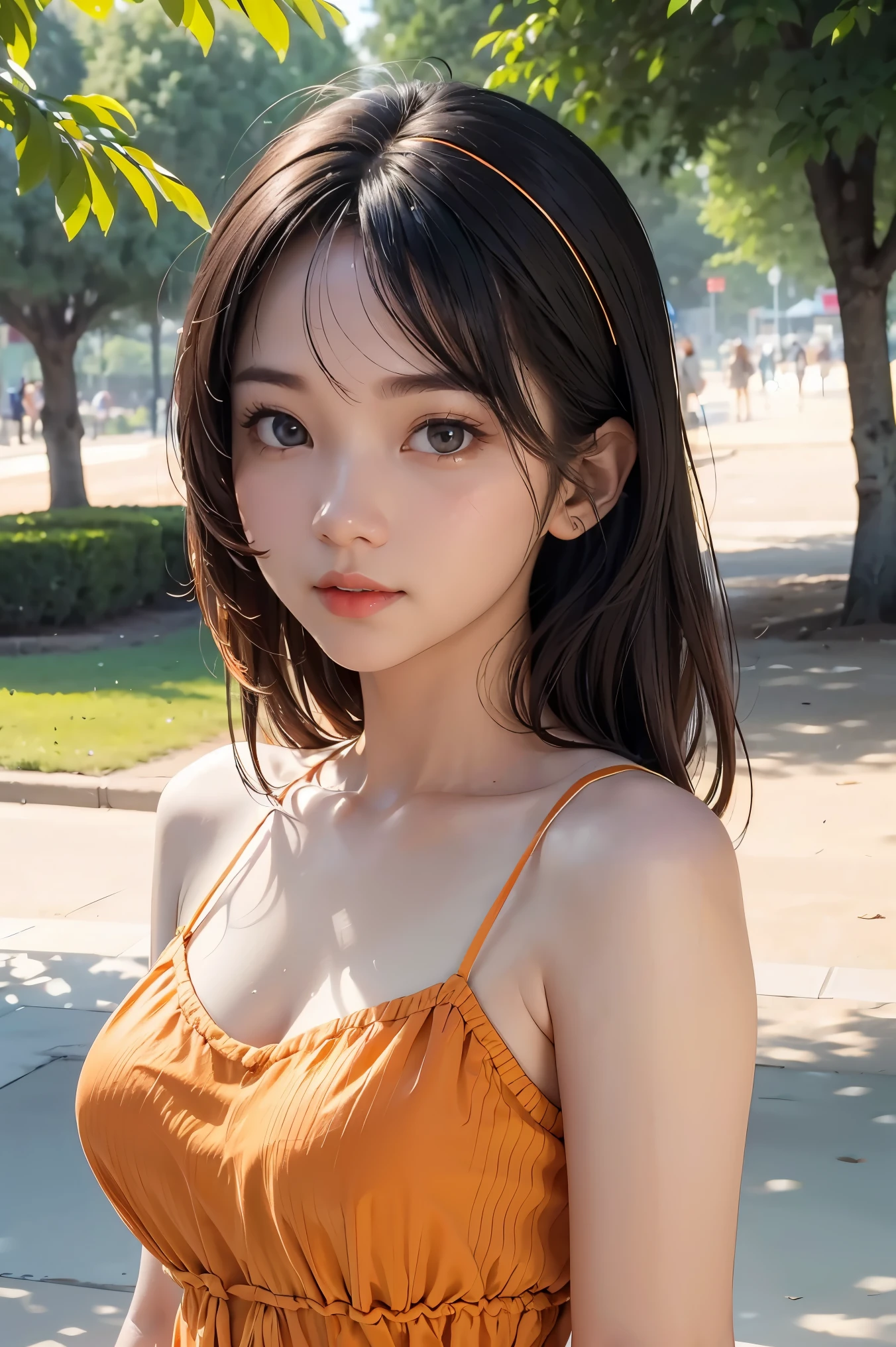 a woman, at the park, sunny day, orange sundress, RAW, UHD, 8K, (closeup:1.1), head, highly detailed face, stunning eyes