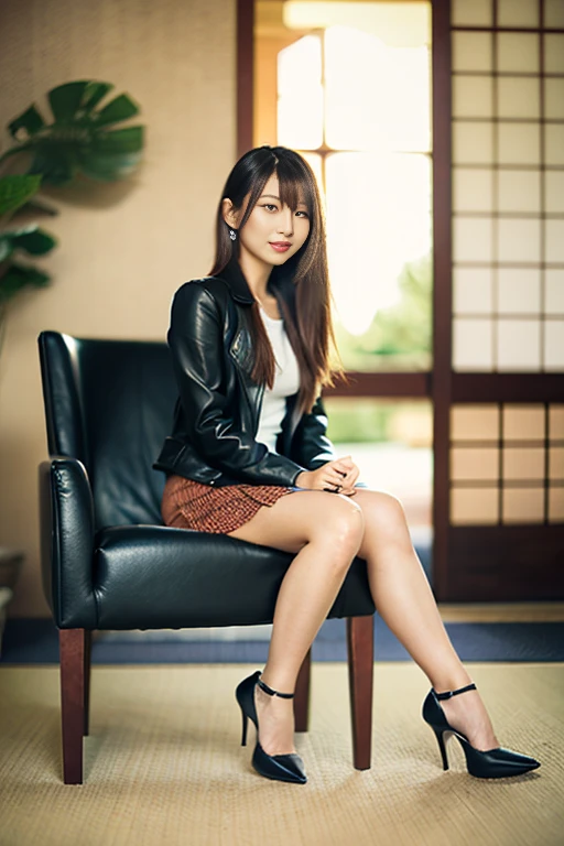 a beautiful japanese woman, Sitting in a chair, 8k, super detail, best quality, (photorealistic:1.4), Leather skirt, (full body:1.5), (long hair), 1 woman, solo, simply background,first-person view
