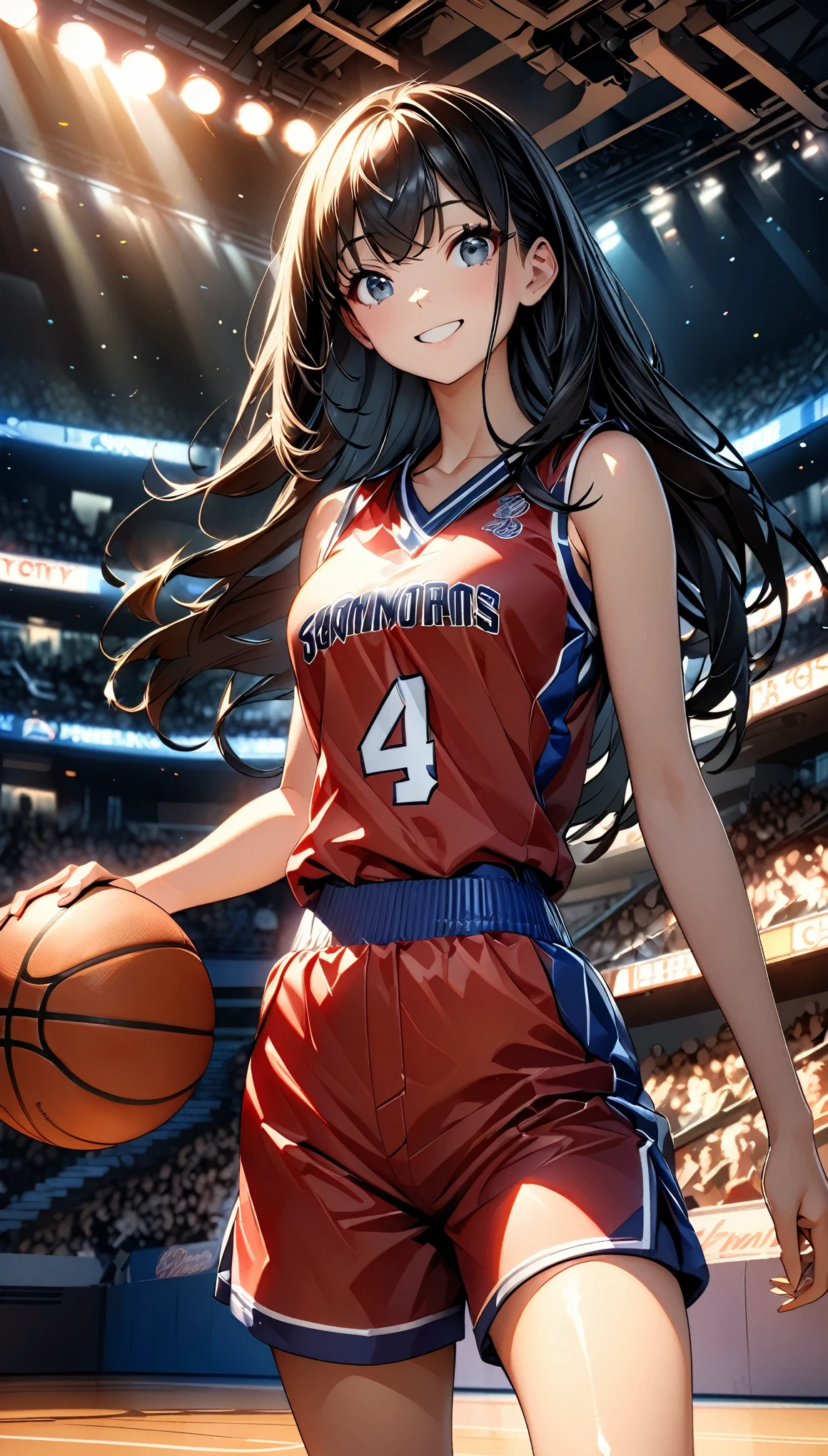 (highest quality:1.2, Very detailed, up to date, Vibrant, Ultra-high resolution, High Contrast, masterpiece:1.2, highest quality, Best aesthetics), (((1 girl))), Beautiful woman, (smile), Photon Mapping, Radio City, Physically Based Rendering, Cinema Lighting, Basketball court,Depth of written boundary, Sharp focus,Sunbeam, Good composition, (Bokeh:1.2), Moist eyes, Detailed eyes, Random Pause, Tight waist, Basketball Uniforms, Shorts, Black Hair, Shiny straight hair, Long hair blowing in the wind,
