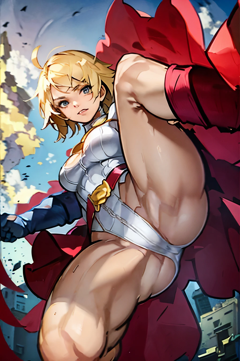 fighting PowerGirl,(shoot from below),(open thighs),cameltoue,solo,blond_hair,white leotard,red belt,solo,blue boots, best quality, masterpiece, beautiful,(masterpiece), (best quality)