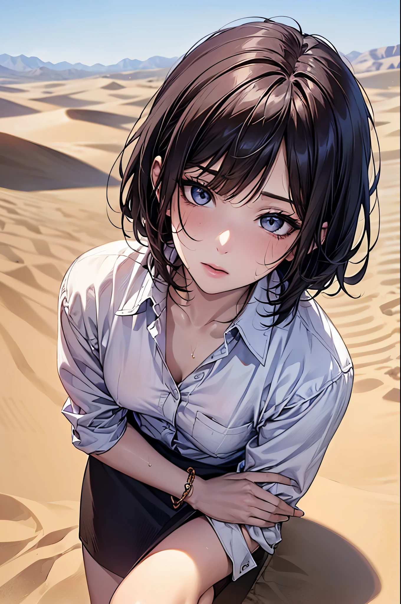 ((Biologically correct limb count))、(( whole body including face))、4K、Masterpiece、((Focus on the face))、((Symmetrical, well-proportioned facial features))、Eyes with delicate depictions、(((1 person)))、Beautiful woman、Outstanding style、Slender Body、(High heels with anklets、Shiny Stockings)、(((shirt、skirt)))、(((White frame photo)))、((Looking up))、(((Standing in the desert、Sit upright)))、(((Close-up photo of the upper body)))、High angle、Sweating profusely、tired、